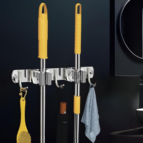 CANWAY® 1 Piece Stainless Steel 2 Racks with 3 Hook Heavy Duty Wall Mounted Broom and Mop Stick Holder, Hanging Tools for Home Kitchen Garden Laundry Garage - Image 1