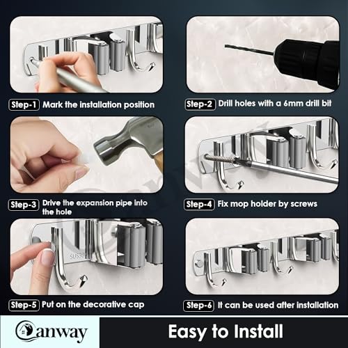 CANWAY® 1 Piece Stainless Steel 2 Racks with 3 Hook Heavy Duty Wall Mounted Broom and Mop Stick Holder, Hanging Tools for Home Kitchen Garden Laundry Garage - Image 5
