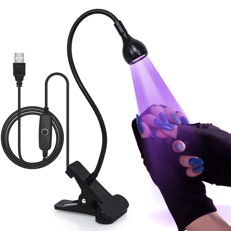 AORAEM AORAEM UV LED Nail Lamp with UV Protection Gloves 3W LED Nail Manicure Dryer Curing Light with Gooseneck and Clamp Portable Flash Cure Lamps for Gel Nails Home DIY Professional Black 