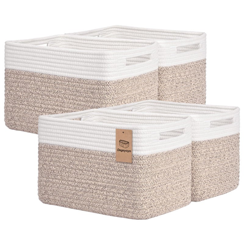 Degeyoyo Storage Baskets for Organizing, 4 Pack Baskets for Shelves, Decorative Storage Bins for Shelves, Cotton Rope Storage Basket with Handles, Woven Basket for Storage, 13''Lx8.7''Wx7.9''H, White & Brown - Image 1