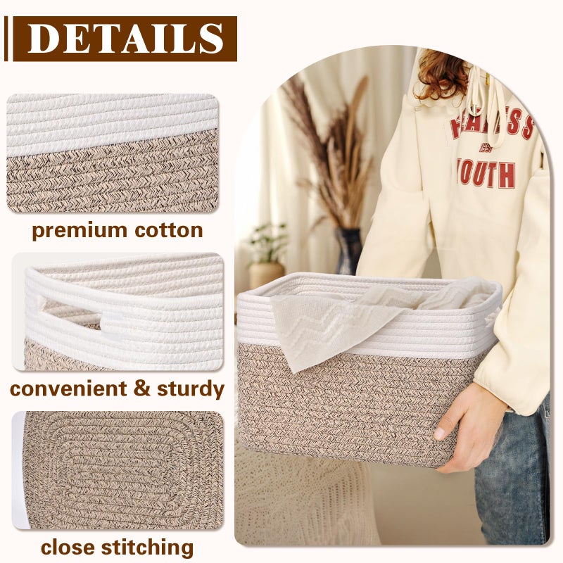Degeyoyo Storage Baskets for Organizing, 4 Pack Baskets for Shelves, Decorative Storage Bins for Shelves, Cotton Rope Storage Basket with Handles, Woven Basket for Storage, 13''Lx8.7''Wx7.9''H, White & Brown - Image 5
