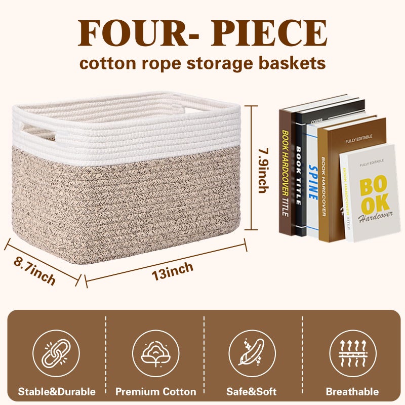 Degeyoyo Storage Baskets for Organizing, 4 Pack Baskets for Shelves, Decorative Storage Bins for Shelves, Cotton Rope Storage Basket with Handles, Woven Basket for Storage, 13''Lx8.7''Wx7.9''H, White & Brown - Image 3