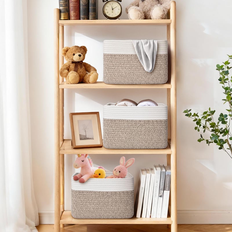 Degeyoyo Storage Baskets for Organizing, 4 Pack Baskets for Shelves, Decorative Storage Bins for Shelves, Cotton Rope Storage Basket with Handles, Woven Basket for Storage, 13''Lx8.7''Wx7.9''H, White & Brown - Image 2