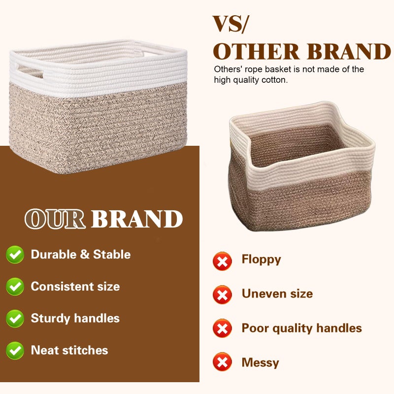 Degeyoyo Storage Baskets for Organizing, 4 Pack Baskets for Shelves, Decorative Storage Bins for Shelves, Cotton Rope Storage Basket with Handles, Woven Basket for Storage, 13''Lx8.7''Wx7.9''H, White & Brown - Image 4
