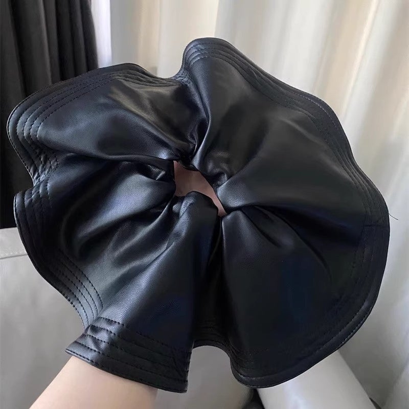 Generic Korean style double-layer skirt plaid hairpin hair ring heavy-duty hand-made design oversized headwear tied ponytail large intestine ring rubber band Black leather large skirt hair tie