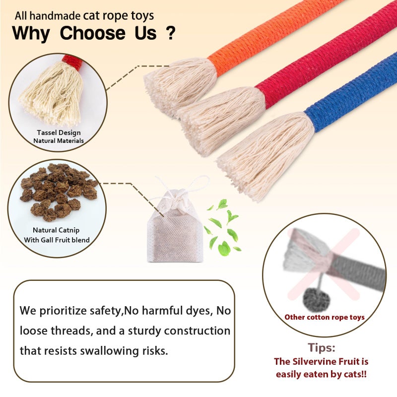 Retro Shaw Cat Toys Chew Ropes with Refillable Catnip for Indoor Kitten Teeth Cleaning, 3Pcs Interactive Cat Rope Kitty Toys for All Breeds 23.6 Inches - Image 3