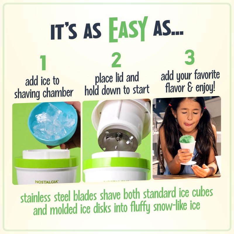 Nostalgia Snow Cone Shaved Retro Table-Top Slushie Machine - Includes 1 Reusable Plastic Cup and Ice Molds, White, Green - Image 4