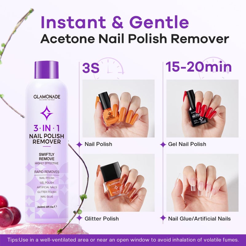 Glamonade Acetone Nail Polish Remover: Professional Gel Polish Remover for Nails - Gel Nail Polish Remover for Removal of Gel/Glue/Artificial nail - with Grape Seed Oil for Gentle Removal(8 Fl Oz) - Image 3