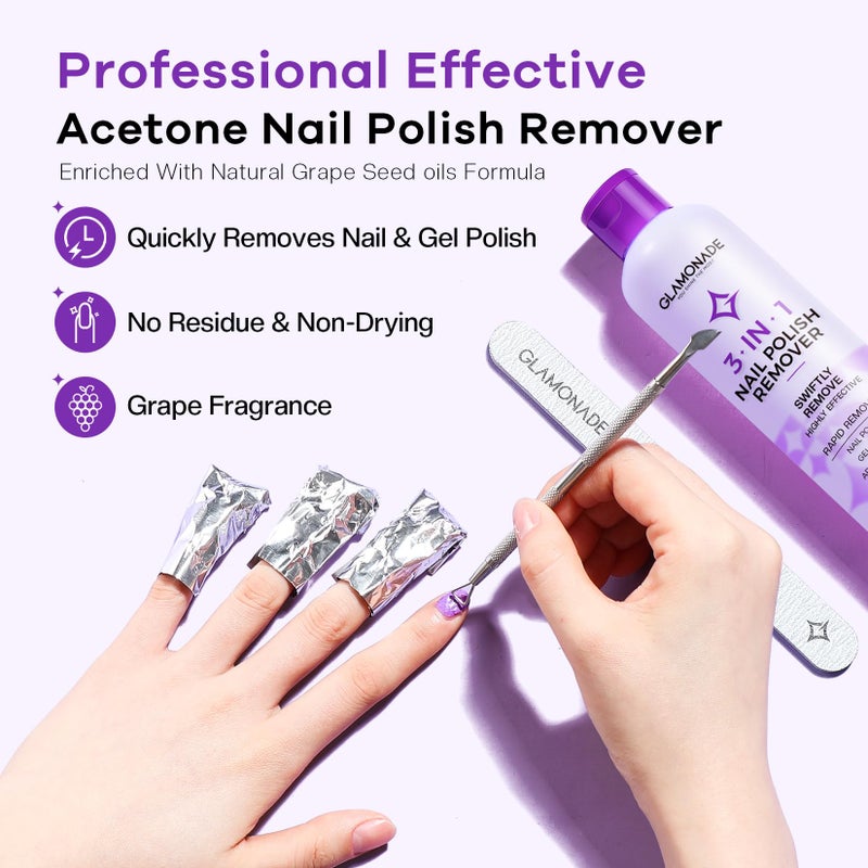 Glamonade Acetone Nail Polish Remover: Professional Gel Polish Remover for Nails - Gel Nail Polish Remover for Removal of Gel/Glue/Artificial nail - with Grape Seed Oil for Gentle Removal(8 Fl Oz) - Image 2