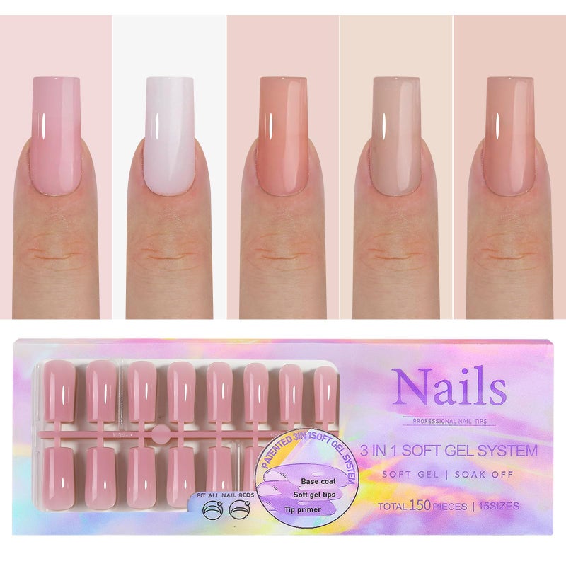 Sevgob 150Pcs Skin Tones Nude Press on Nails Long Square Fake Nails In15 Sizes 3 IN 1 Soft Gel Nail Tips Glossy Reusable Acrylic Nails No Need to File False Nails for Women Girls Manicure - Image 3