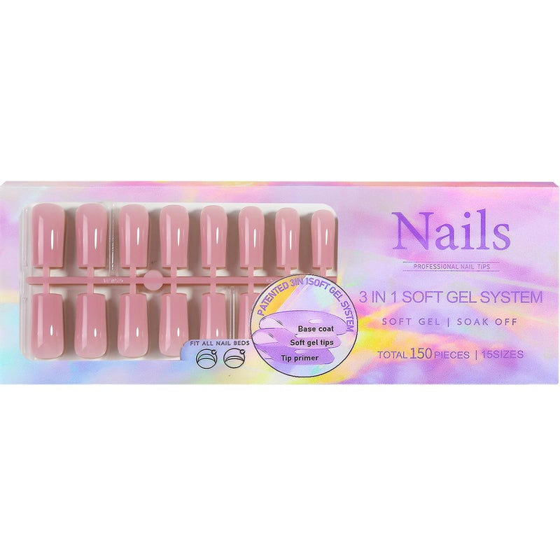 Sevgob 150Pcs Skin Tones Nude Press on Nails Long Square Fake Nails In15 Sizes 3 IN 1 Soft Gel Nail Tips Glossy Reusable Acrylic Nails No Need to File False Nails for Women Girls Manicure - Image 2