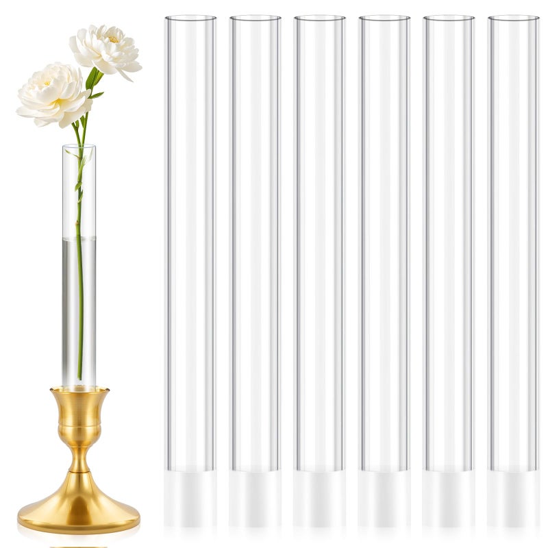 linastu 6 Pack 7.9â€ Acrylic Bud Vase â€” Cylinder Bud Vase for Taper Candlesticks, Flower Vase with Silicon Rubber Case Fits Candlestick Size 20-22mm, Perfect for Tablescapes, Weddings & Home Decor - Image 1