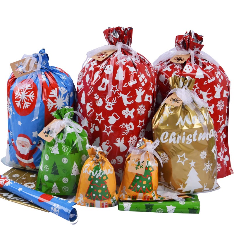 Christmas Gift Bags with DrawstringsBottom Christmas Bags For Gifts Wrapping Holiday Gift Bag Bulk for Presents Goody Reusable Plastic Xmas Gift Bags Assorted Sizes Extra LargeMediumSmall 15Pcs