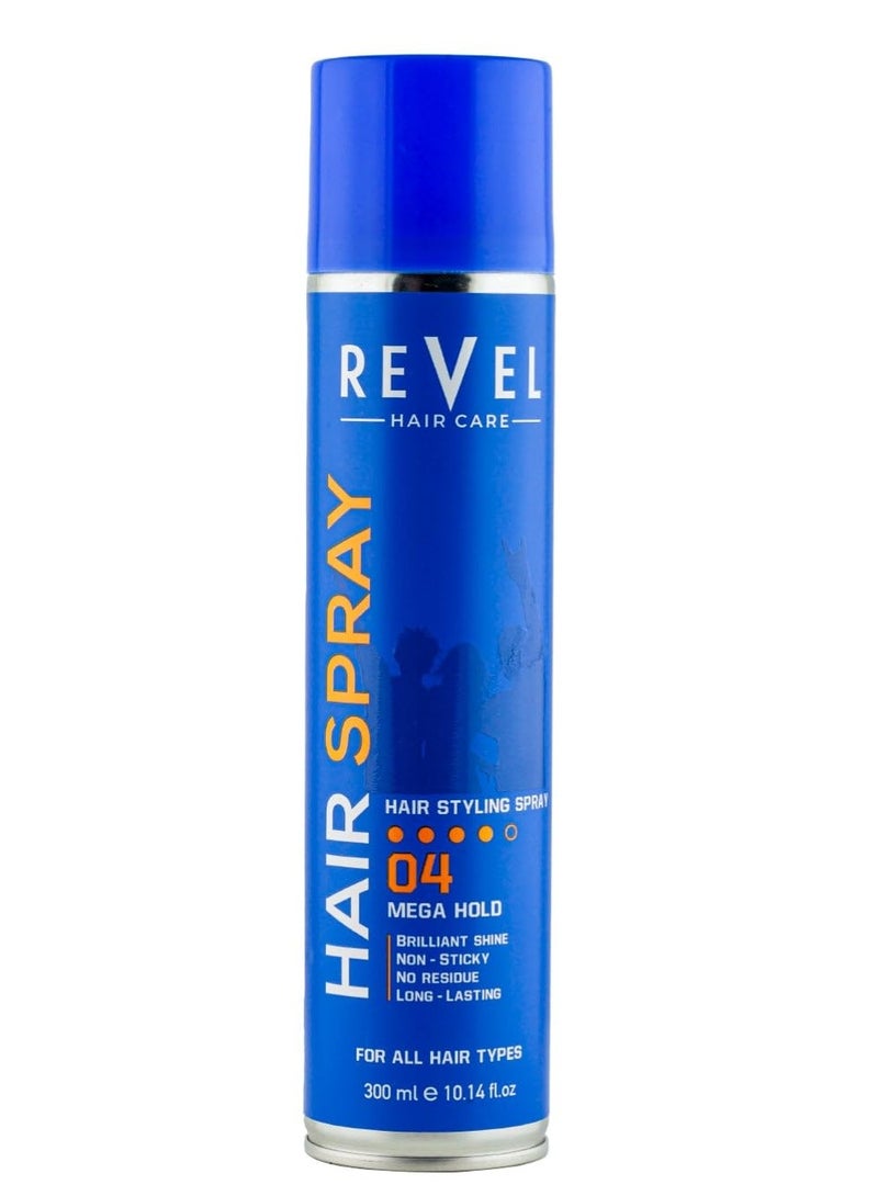Revel Hairs Care Product Mega Hold Hair Styling Spray 04, 300ml, For All Hair Types, Brilliant Shine, Non Sticky, No Residue, Long Lasting, Fast Drying, Non sticky Formula, Hair Spray for Unisex