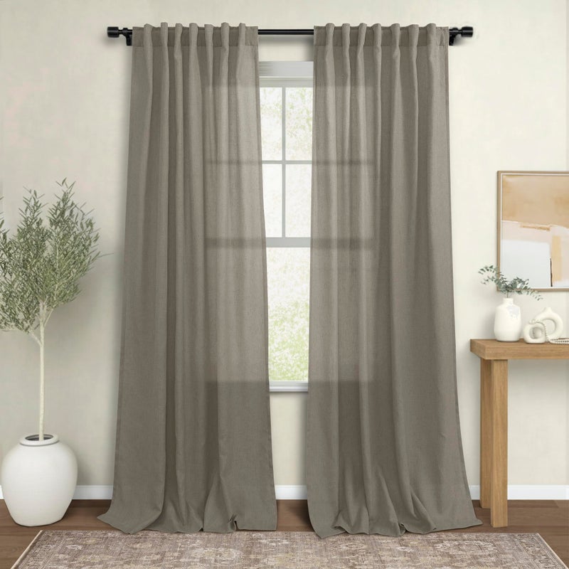 KOUFALL Taupe Light Brown Linen Curtains for Living Room,2 Panels Sheer Country Farmhouse Style Back Tab Rod Pocket Curtains for Bedroom 84 Inches Long - Image 1