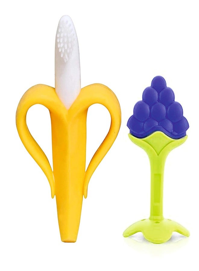Roforuf Baby Banana Shape Teether 1pc & Grape Fruit Shape Teether 1pc for Newborn, Babies, Infant Toothbrush, Ergonomic Grip and Dust-Resistant (Pack of 2) (Banana & Grapes) - Image 1