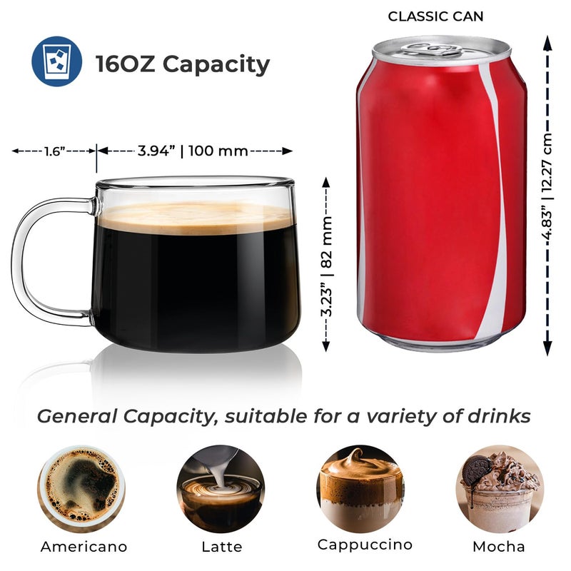 Aquach 16 oz Glass Coffee Mugs with Handle Set of 2 - Large Clear Glass Cups for Latte, Cappuccino, and Tea - Image 4