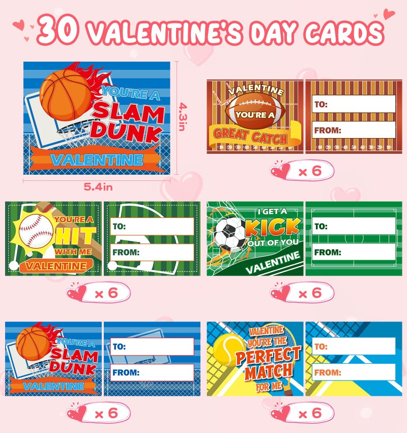 Ellinjan 30 Pack Valentine Cards for Kids Classroom with Sports Squeeze Balls Bulk, Fun Valentine Classroom Gifts, Valentine Exchange for Boys Girls School Class Game Prizes Fidget Toys Party Favors - Image 3