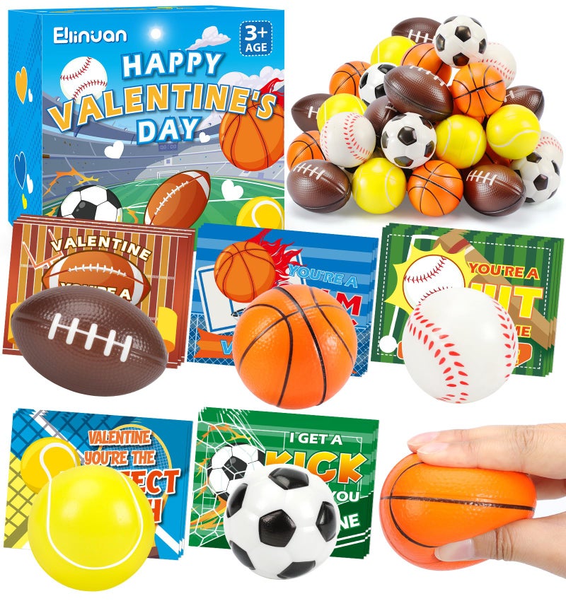 Ellinjan 30 Pack Valentine Cards for Kids Classroom with Sports Squeeze Balls Bulk, Fun Valentine Classroom Gifts, Valentine Exchange for Boys Girls School Class Game Prizes Fidget Toys Party Favors - Image 1