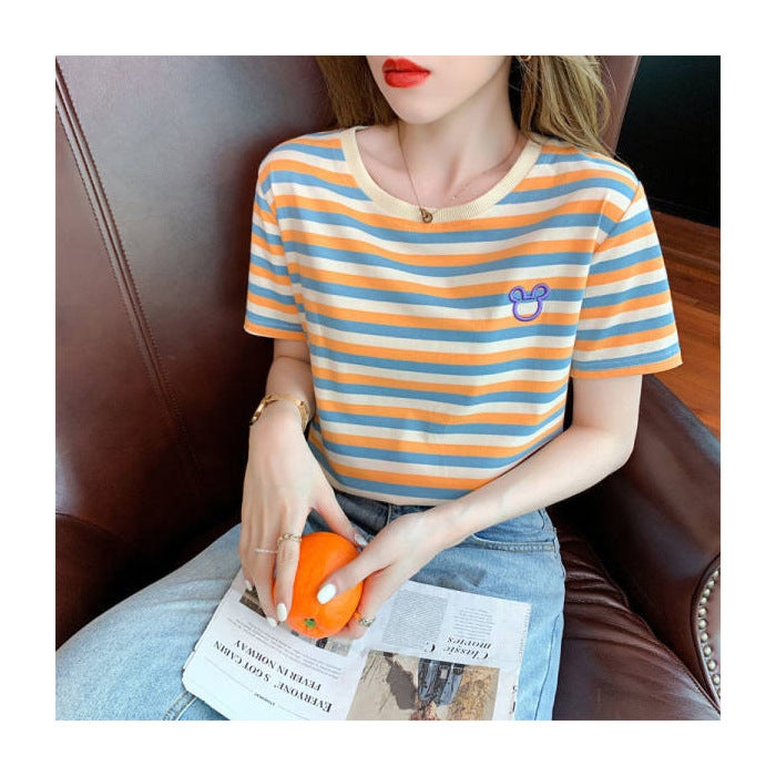 2025 Summer New Round-Neck Short-Sleeve Women's T-Shirt with Embroidery, Trendy Korean Style, Loose Fit, Versatile, Age-Reducing Striped Top, Ins Style