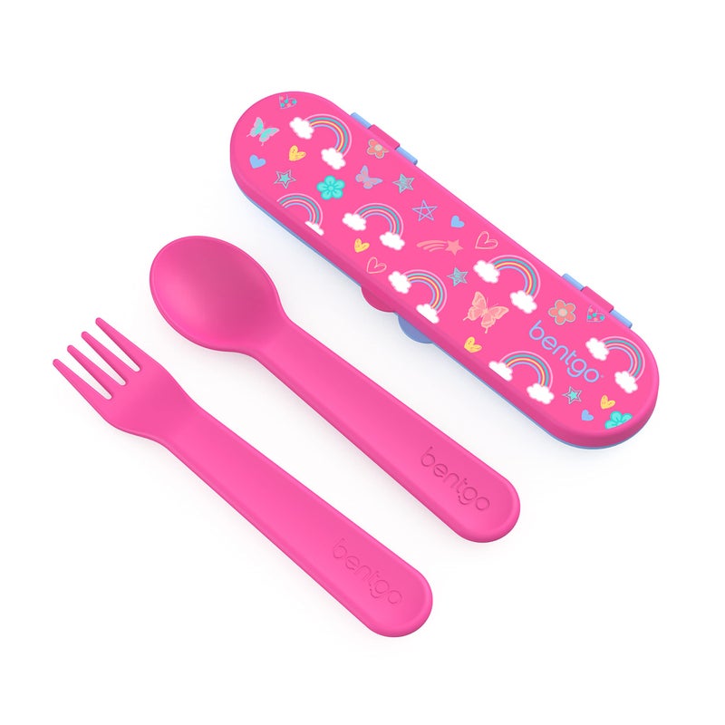 Bentgo Kids Utensil Set - Reusable Plastic Fork, Spoon & Storage Case BPA-Free Materials, Easy-Grip Handles, Dishwasher Safe Ideal for School Lunch, Travel, Outdoors (Rainbows and Butterflies) - Image 1