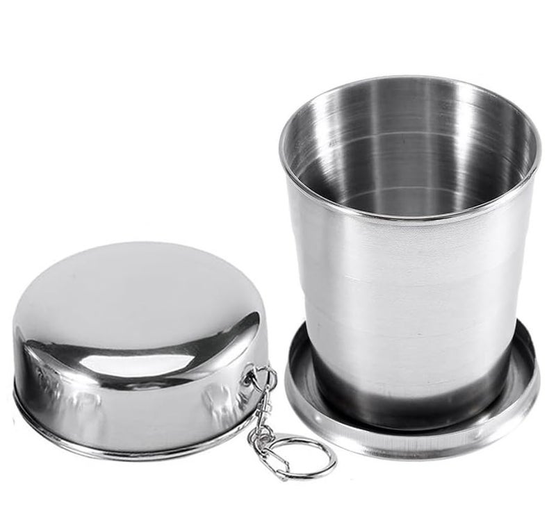 MADHYA Stainless Steel Folding Cup, Small Portable Camping Mug Drink Cup with Lid & Keychain for Outdoor Travel Camping Hiking Pocket Size Reusable Collapsible Space-Saving 120ml Travel Cup, Pack of 1 - Image 1