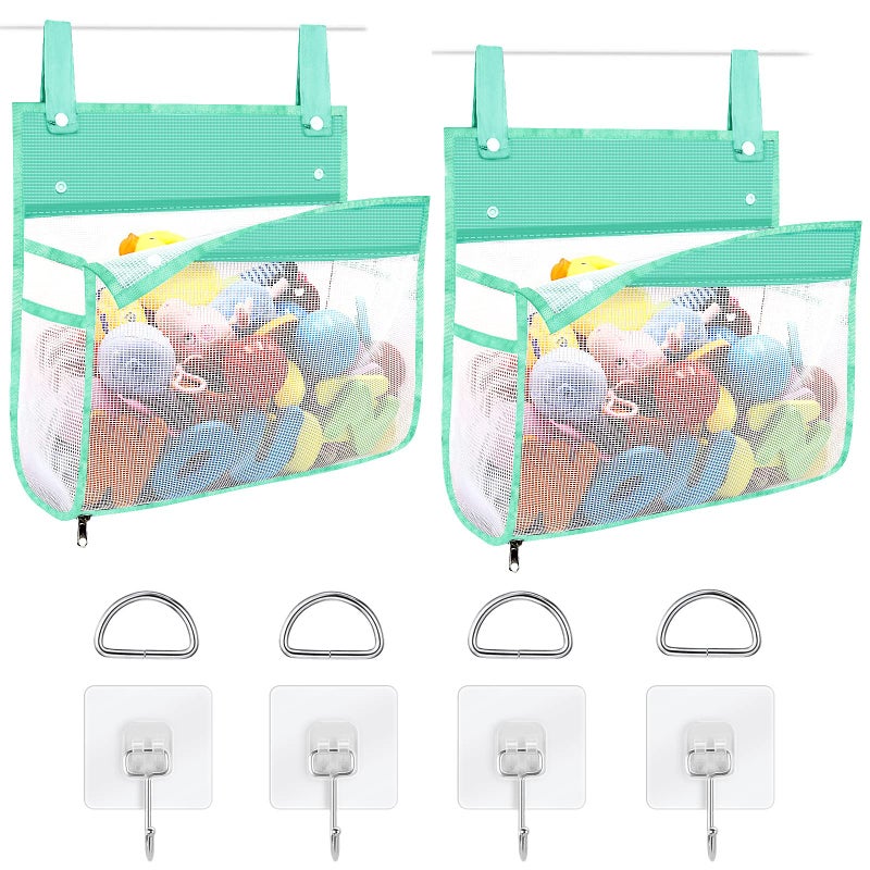 Linkidea 2 Pack Zippered Mesh Bath Toy Organizer, Bath Toy Storage Bag Multiple Ways to Hang, Bathroom Toy Mesh Bag, Bathtub Toy Storage Holder (Green) - Image 1