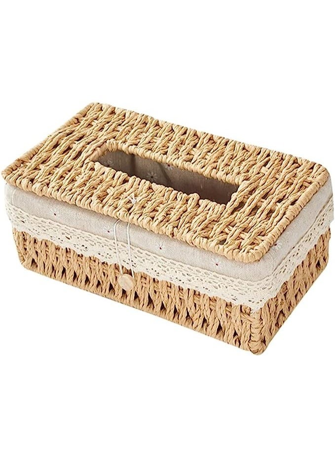 Elegant Woven Tissue Holder Case – Multifunctional Rectangular Box with Lace Detailing - Image 1