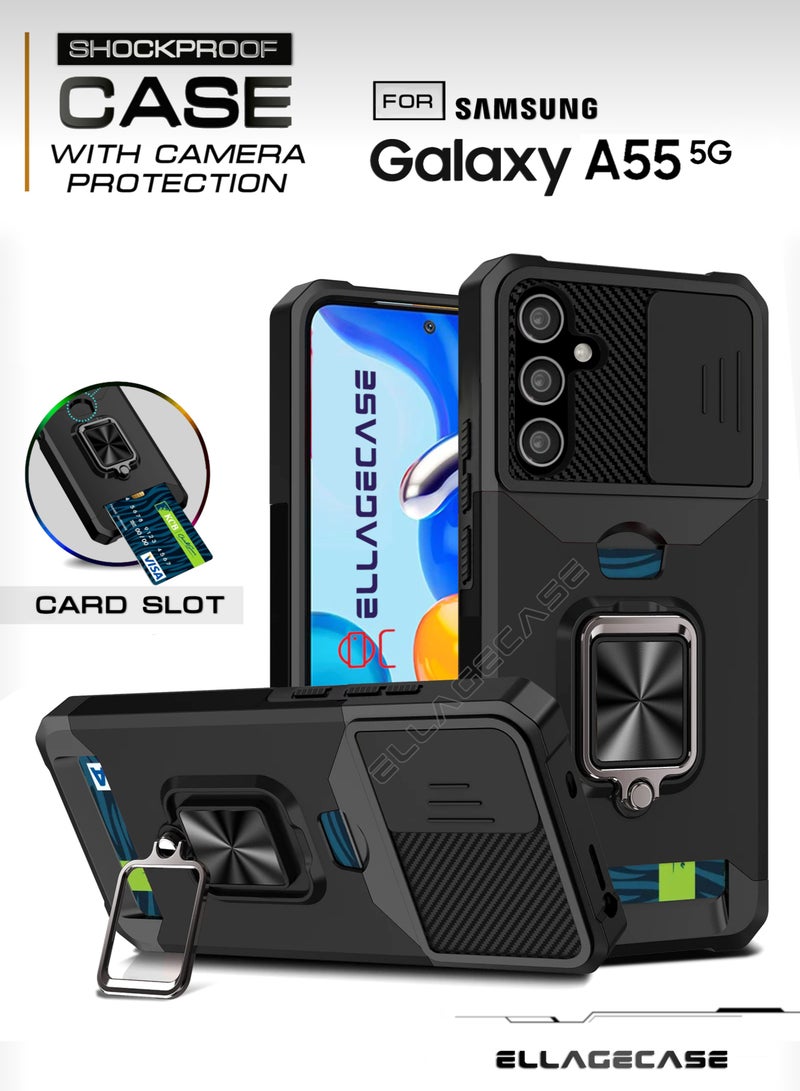 ELLAGECASE Impact-Resistant Case with Card Slot, Stand & Solid Camera Protection for Samsung Galaxy A55 – Includes Hidden Metal Plate - Image 1