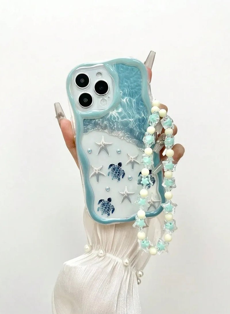 Shein Shockproof Phone Case with Starfish and Sea Turtle Prints with Wave Gradient and Handmade Beaded Bracelet Compatible with iPhone 16 Pro Max 