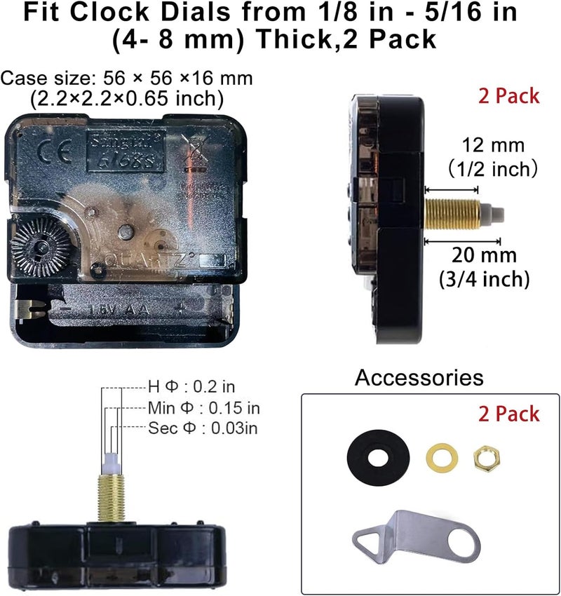 EMOON 2 Pack Clock Movement Mechanism with 4 Pairs of Short Hands Battery Silent Sweep Operated Quartz Clock Motor Kit DIY Repair Parts Replacement, 3/4 Inch Total Shaft Length - Image 4