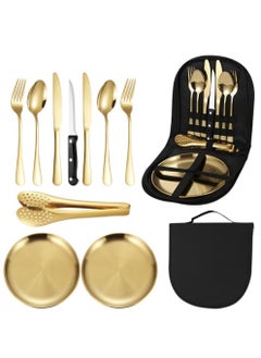 Excefore Stainless Steel Tableware Set for Camping and Picnics - Portable 10 Piece Kit with Knife, Fork, Spoon, Plate, and Steak Clip  - Image 1