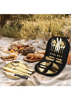 Excefore Stainless Steel Tableware Set for Camping and Picnics - Portable 10 Piece Kit with Knife, Fork, Spoon, Plate, and Steak Clip  - Image 3