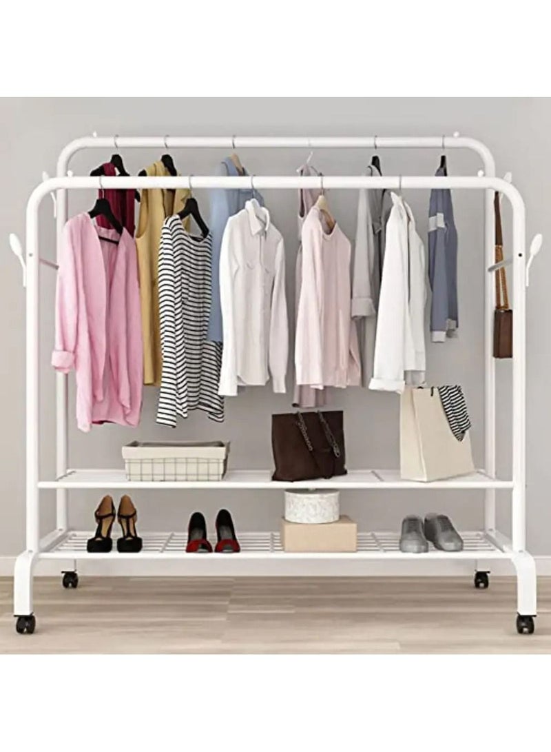 DubaiGallery Double Hanging Rod Garment Rack Hanger with Top Rod and Lower Storage Shelf, Closet Organizer Clothes Rack for Bedroom, Living Room and Entryway Steel Wall Shelf  (Number of Shelves - 2, White)  - Image 2