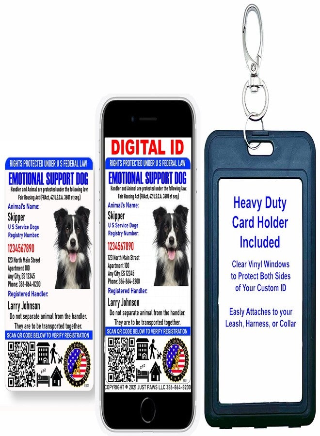 Just 4 Paws Custom Emotional Support ID Card with QR Code & Security Seal and Optional Holograph | Registration to US Service Dogs Registry Plus ID Holder & Digital ID - Portrait Style - Image 1