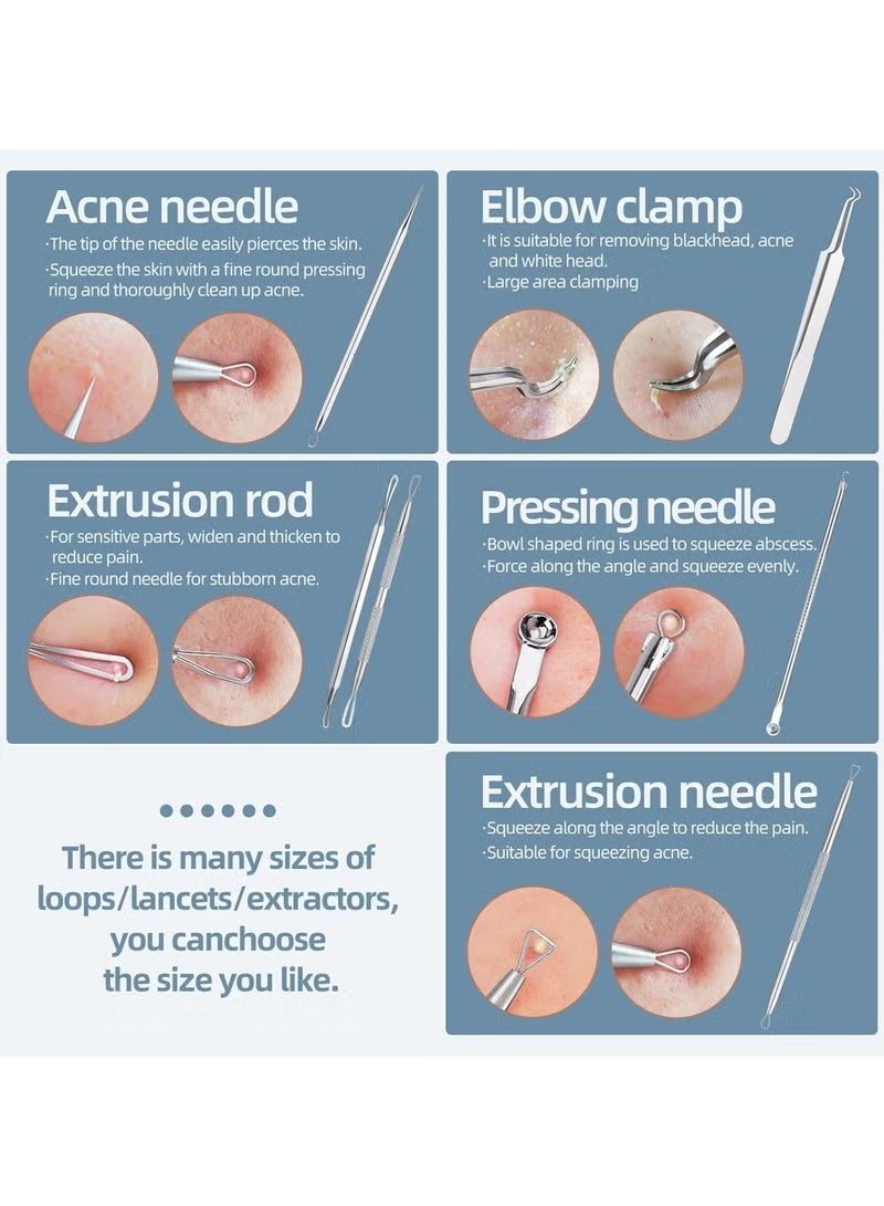 مجموعة أدوات إزالة الرؤوس السوداء، مستخرج الرؤوس السوداء، مجموعة إزالة حب الشباب، لإزالة البثور والرؤوس البيضاء، 6 قطع لإزالة البثور من الأنف والوجه مع حقيبة جلدية - Image 3