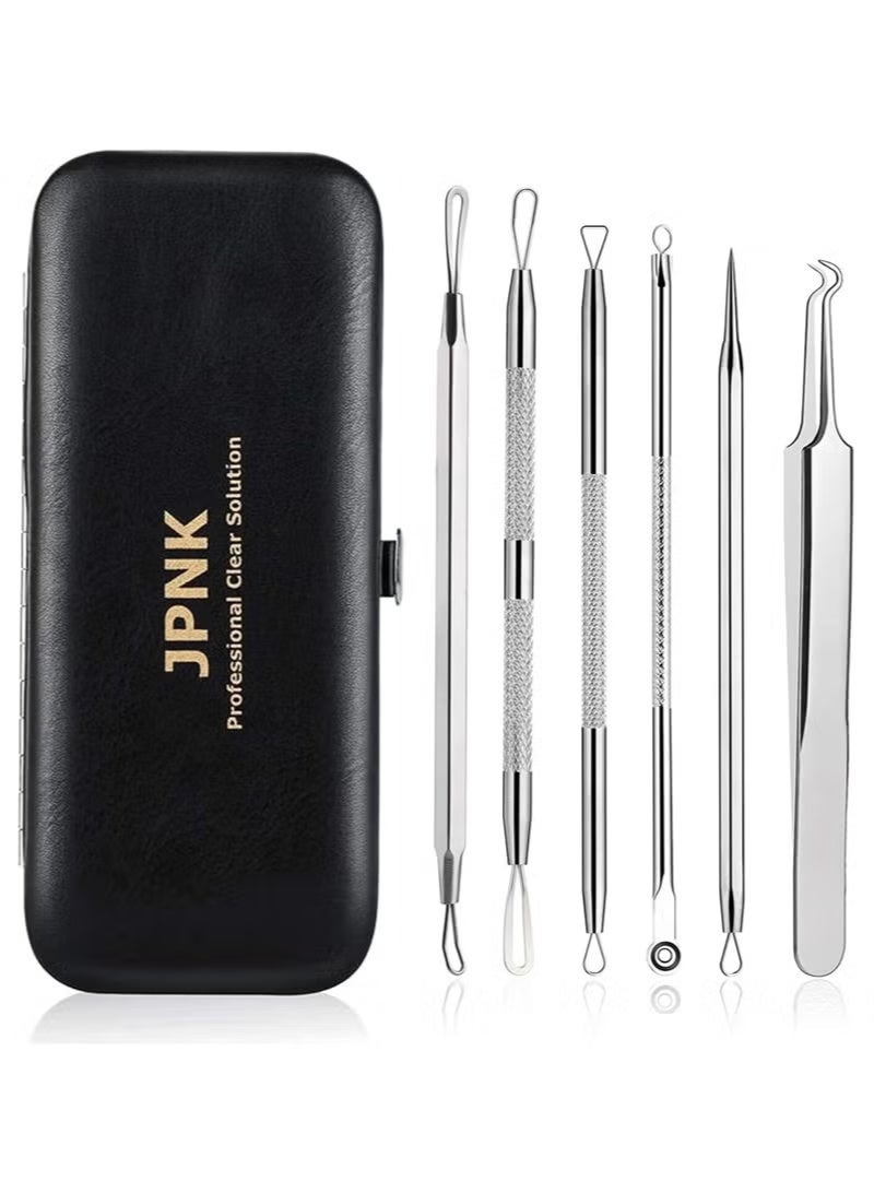 مجموعة أدوات إزالة الرؤوس السوداء، مستخرج الرؤوس السوداء، مجموعة إزالة حب الشباب، لإزالة البثور والرؤوس البيضاء، 6 قطع لإزالة البثور من الأنف والوجه مع حقيبة جلدية - Image 1