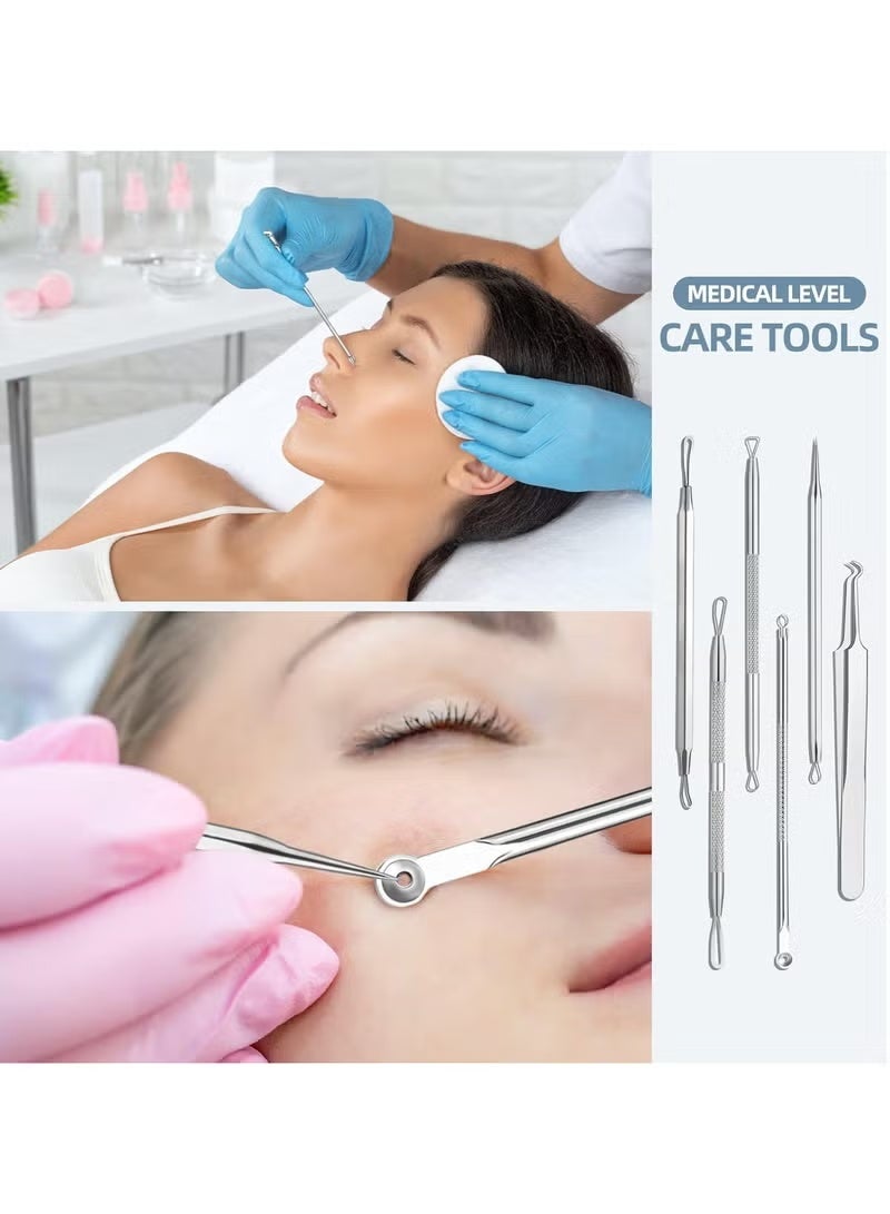 مجموعة أدوات إزالة الرؤوس السوداء، مستخرج الرؤوس السوداء، مجموعة إزالة حب الشباب، لإزالة البثور والرؤوس البيضاء، 6 قطع لإزالة البثور من الأنف والوجه مع حقيبة جلدية - Image 4