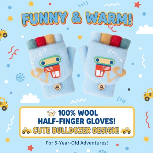 SOLDTRUE Baby Wool Soft Gloves | Mini Buldozor Design 2-in-1 Convertible Full & Half Finger Mittens | Warm, Windproof & Winter Gloves for Kids 4-9 Years, Ideal for Christmas & Birthday (Light Blue) - Image 5