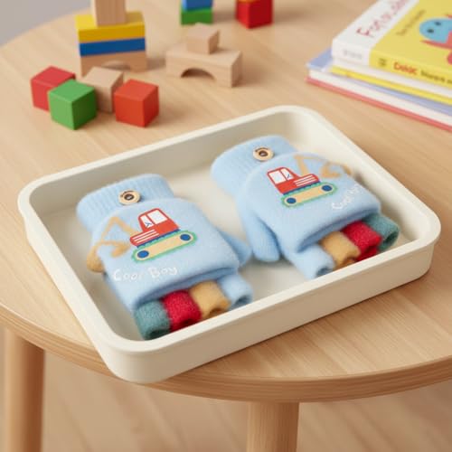 SOLDTRUE Baby Wool Soft Gloves | Mini Buldozor Design 2-in-1 Convertible Full & Half Finger Mittens | Warm, Windproof & Winter Gloves for Kids 4-9 Years, Ideal for Christmas & Birthday (Light Blue) - Image 3