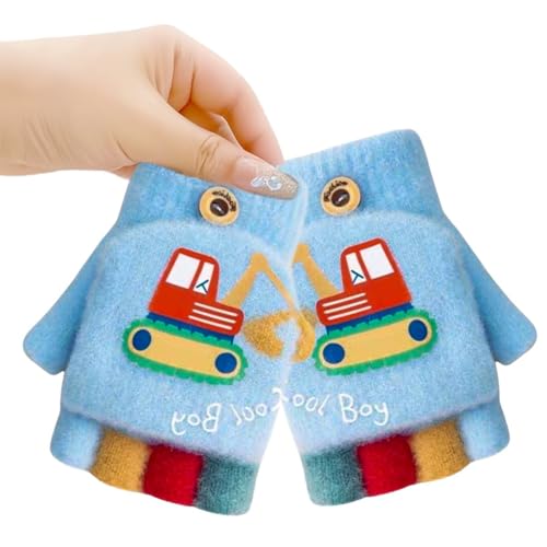 SOLDTRUE Baby Wool Soft Gloves | Mini Buldozor Design 2-in-1 Convertible Full & Half Finger Mittens | Warm, Windproof & Winter Gloves for Kids 4-9 Years, Ideal for Christmas & Birthday (Light Blue) - Image 1