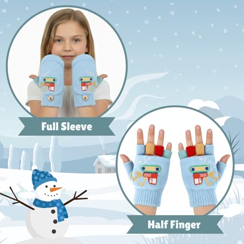 SOLDTRUE Baby Wool Soft Gloves | Mini Buldozor Design 2-in-1 Convertible Full & Half Finger Mittens | Warm, Windproof & Winter Gloves for Kids 4-9 Years, Ideal for Christmas & Birthday (Light Blue) - Image 2