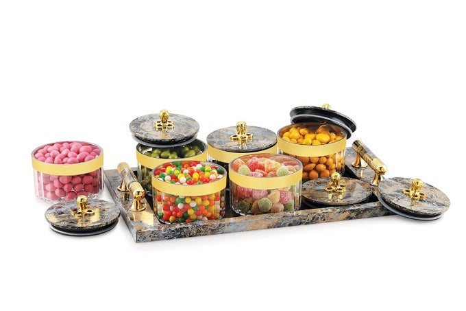 ACRYLIC UNBREAKABLE MULTIPURPOSE AIRTIGHT DRY FRUIT CONTAINER SET WITH LID & SERVING TRAY | PLASTIC TRANSPARENT STORAGE BOX (BLACK, PACK OF 6)