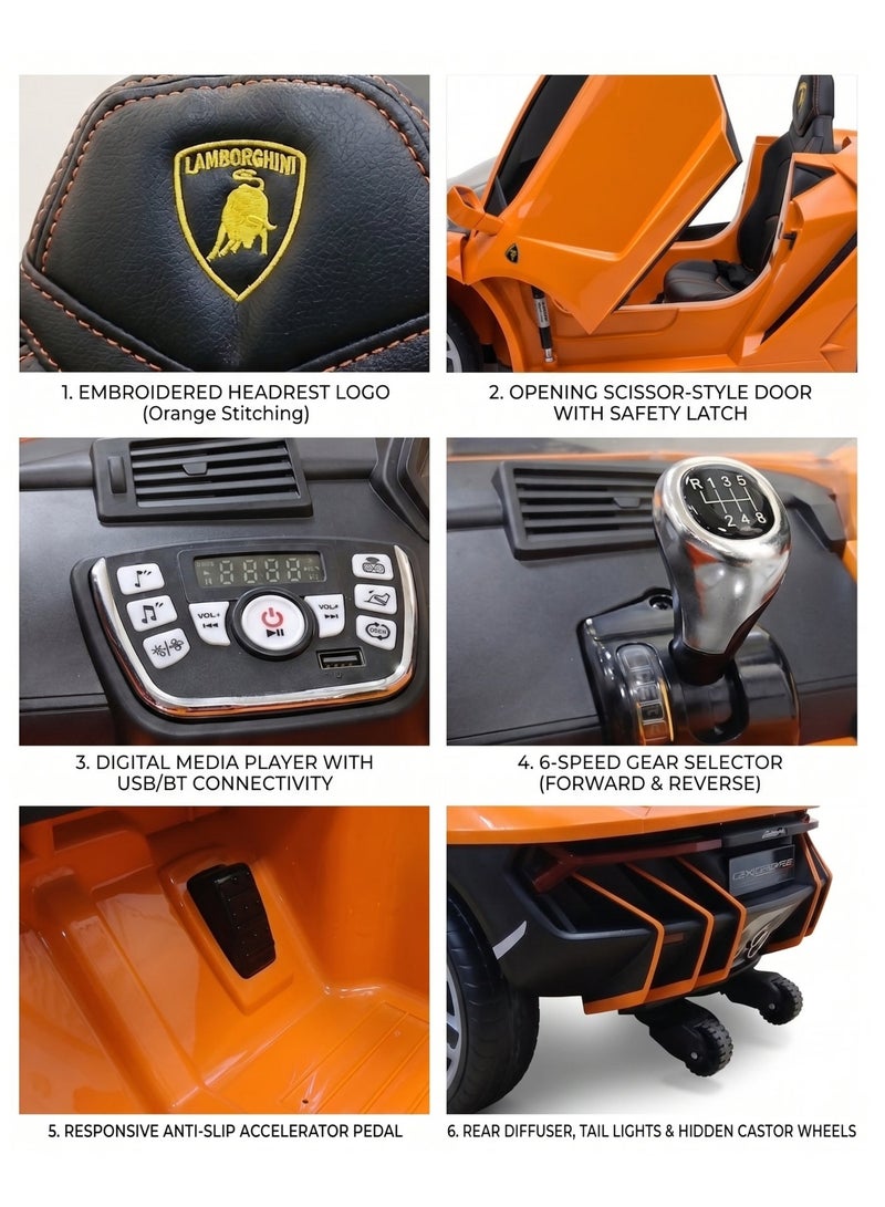 LAMBORGHINI سيارة لامبورغيني سنتيناريو 12 فولت للأطفال مع جهاز تحكم عن بُعد للأهل، مقعد جلد، عجلات EVA، بلوتوث وأضواء LED - برتقالي - Image 5