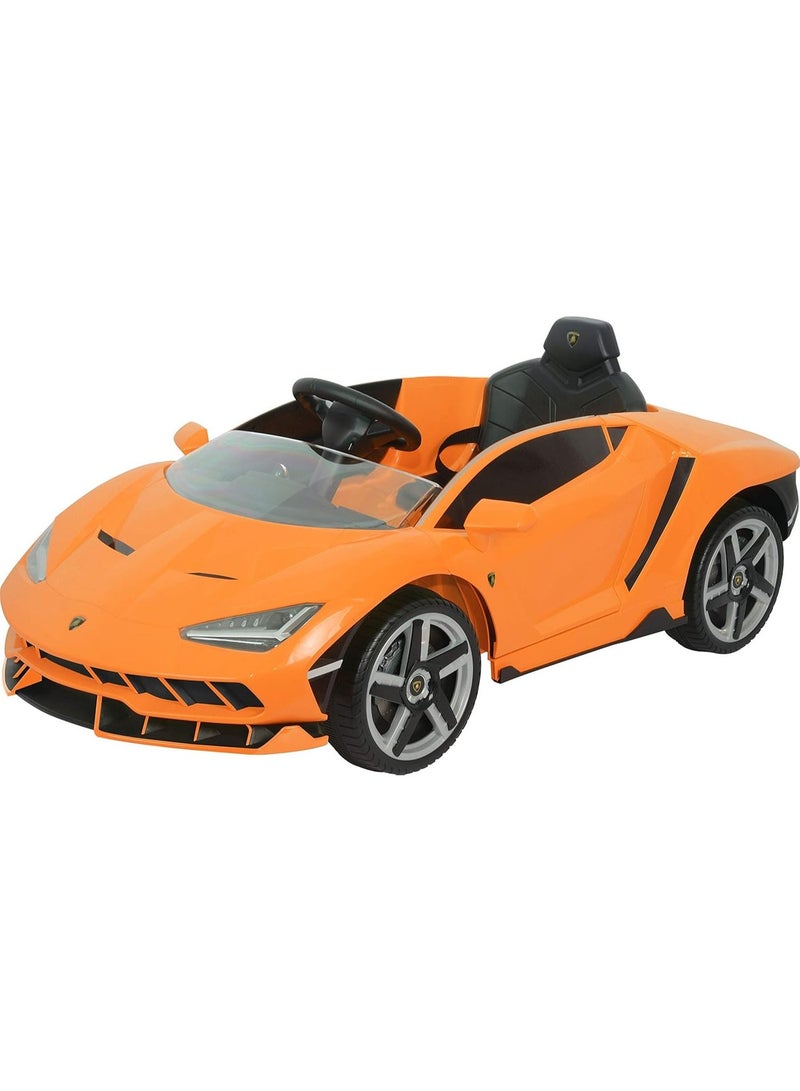 LAMBORGHINI سيارة لامبورغيني سنتيناريو 12 فولت للأطفال مع جهاز تحكم عن بُعد للأهل، مقعد جلد، عجلات EVA، بلوتوث وأضواء LED - برتقالي - Image 1