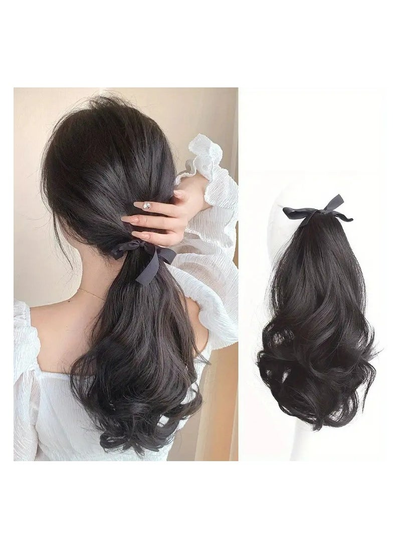 LANGMANNI Natural Black Elegant Women's Ponytail With Ribbon, Curly Hair Extensions, Pear Flower Curls, Wavy Ponytail, Synthetic Hairpiece For Daily Wear Halloween Christmas  - Image 2