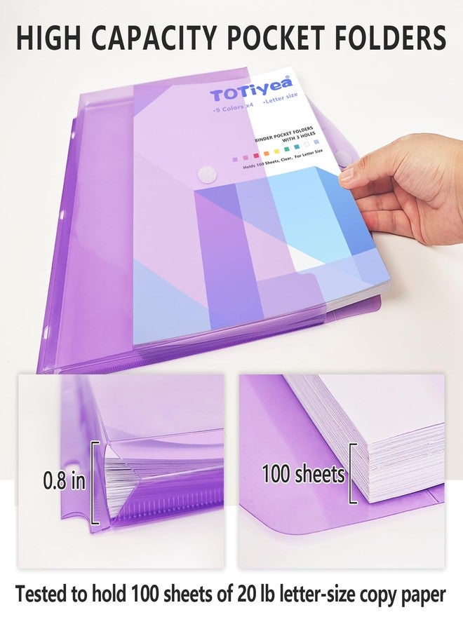 TOTiyea 36 Pack 3 Holes Binder Pocket Folders, Binder Pocket, 100 Sheets High Capacity Plastic Folders with Tight Closure, Letter Size, Assorted Colors - Image 2