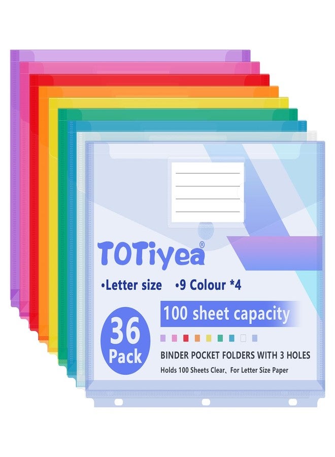 TOTiyea 36 Pack 3 Holes Binder Pocket Folders, Binder Pocket, 100 Sheets High Capacity Plastic Folders with Tight Closure, Letter Size, Assorted Colors - Image 1
