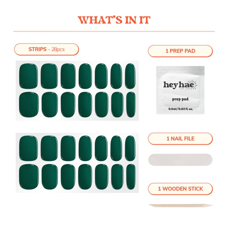 Heyhae Semi Cured Gel Nail Strips | No LED Lamp Needed | Solid, Green | Easy Apply & Remove, Salon Quality | Includes 28 Strips, 1 Prep Pads, Nail File & Wooden stick - Hey, You're Glowing - Image 3