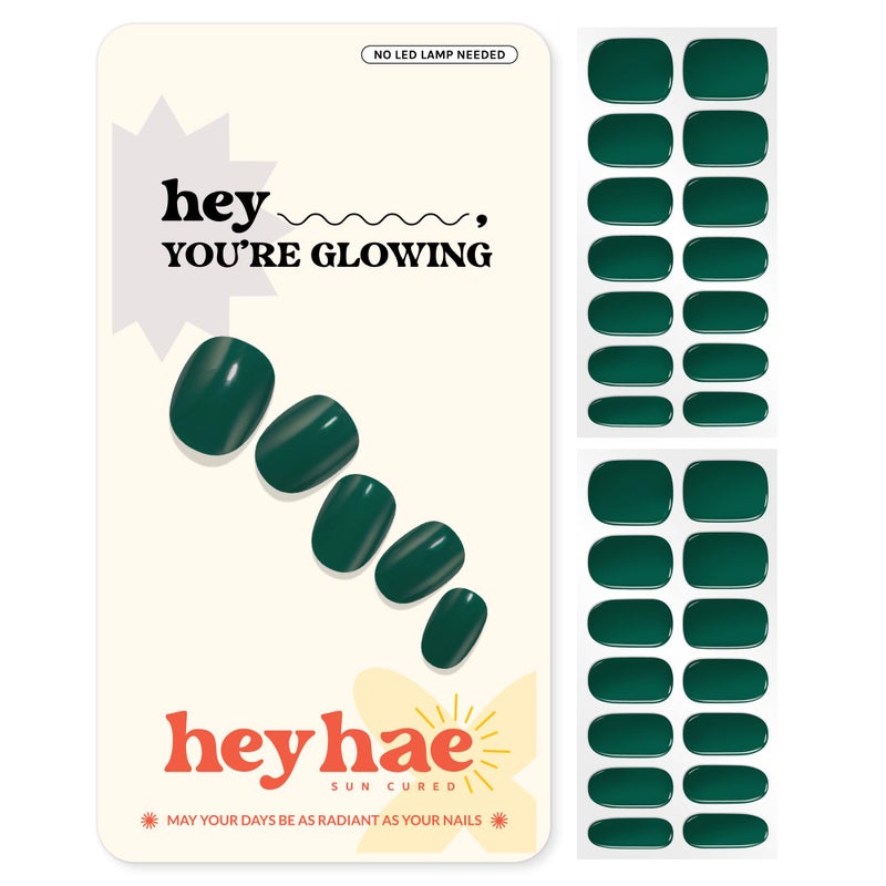 Heyhae Semi Cured Gel Nail Strips | No LED Lamp Needed | Solid, Green | Easy Apply & Remove, Salon Quality | Includes 28 Strips, 1 Prep Pads, Nail File & Wooden stick - Hey, You're Glowing - Image 1